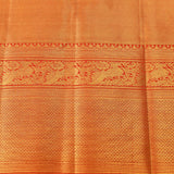 Teal Green & Coral Orange Kanjivaram Silk Saree With Multicolour Tropical Floral Jaal & Gold Zari Pallu