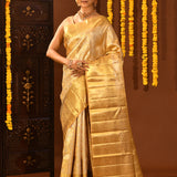 Yellow Gold With Floral Jaal Silver Accent Zari On Kanjivaram Silk Saree
