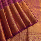 Plum Purple & Antique Gold Kanjivaram Silk Saree With Gold Checks, Floral Buttas & Yazhi Scrolling Pallu