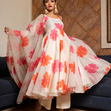 Ivory Floral Printed Chanderi Anarkali Set With Gota Border