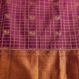 Plum Purple & Antique Gold Kanjivaram Silk Saree With Gold Checks, Floral Buttas & Yazhi Scrolling Pallu