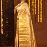 Yellow Gold With Floral Jaal Silver Accent Zari On Kanjivaram Silk Saree