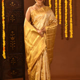Yellow Gold With Floral Jaal Silver Accent Zari On Kanjivaram Silk Saree