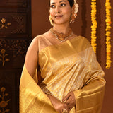 Yellow Gold With Floral Jaal Silver Accent Zari On Kanjivaram Silk Saree