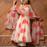 Ivory Floral Printed Chanderi Anarkali Set With Gota Border
