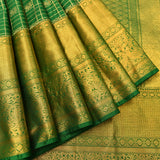 Emerald Green & Pure Gold Kanjivaram Silk Saree With Silver Checks, Floral Buttas & Peacock Vine Pallu