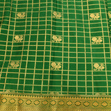 Emerald Green & Pure Gold Kanjivaram Silk Saree With Silver Checks, Floral Buttas & Peacock Vine Pallu