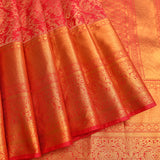 Coral Red Kanjivaram Silk Saree With Gold Zari Floral Jaal