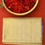Pale Yellow Kanjivaram Silk Saree With Purple Border And Multicolour Sunflower Weave
