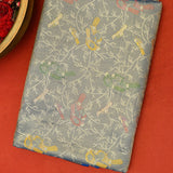 Steel Grey Kanjivaram Silk Saree With Blue Border And Multicolour Bird Butti