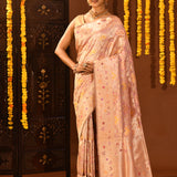 Enchanting Pastel Pink And Rose-Gold Banarasi Silk Saree