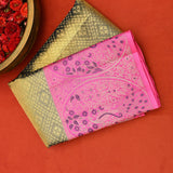 Olive Green Kanjivaram Silk Saree With Hot Pink Peacock Zari Border