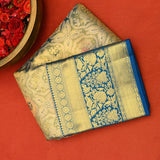 Grey And Peacock Blue Kanjivaram Silk Saree With Multicolor Floral Weave