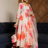 Ivory Floral Printed Chanderi Anarkali Set With Gota Border