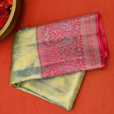 Sage Green Kanjivaram Silk Saree With Red Contrast Border And Dual-Tone Zari Paisley Weave