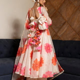 Ivory Floral Printed Chanderi Anarkali Set With Gota Border