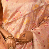 Enchanting Pastel Pink And Rose-Gold Banarasi Silk Saree