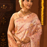 Enchanting Pastel Pink And Rose-Gold Banarasi Silk Saree