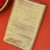 Majestic Antique Bronze And Crimson Red Kanjivaram Silk Saree With Gold Zari Peacock Motifs