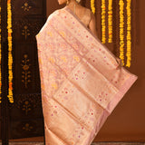 Enchanting Pastel Pink And Rose-Gold Banarasi Silk Saree
