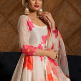 Ivory Floral Printed Chanderi Anarkali Set With Gota Border