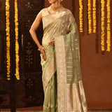 Lime Green With Stripes And Floral Zari Border Is A Handwoven Banarasi Silk Saree