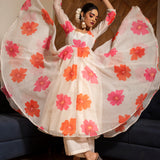 Ivory Floral Printed Chanderi Anarkali Set With Gota Border
