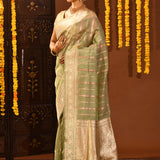 Lime Green With Stripes And Floral Zari Border Is A Handwoven Banarasi Silk Saree