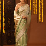 Lime Green With Stripes And Floral Zari Border Is A Handwoven Banarasi Silk Saree