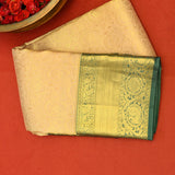 Pure Kanjivaram Silk Saree — Sandal Gold With Teal Zari Border & Peacock Pallu