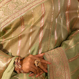 Lime Green With Stripes And Floral Zari Border Is A Handwoven Banarasi Silk Saree