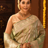 Lime Green With Stripes And Floral Zari Border Is A Handwoven Banarasi Silk Saree
