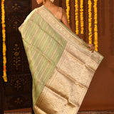 Lime Green With Stripes And Floral Zari Border Is A Handwoven Banarasi Silk Saree