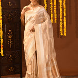 Elegant Beige And Silver Traditional Banarasi Tissue Silk Saree