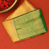 Pure Kanjivaram Silk Saree — Mango Yellow With Bottle Green Contrast Border & Dual-Tone Gold Zari Pallu