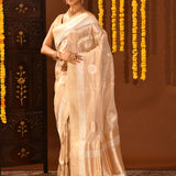 Elegant Beige And Silver Traditional Banarasi Tissue Silk Saree