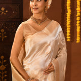 Elegant Beige And Silver Traditional Banarasi Tissue Silk Saree