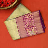 Pista Green Kanjivaram Silk Saree With Magenta Border And Gold Zari Floral Weave
