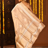 Elegant Beige And Silver Traditional Banarasi Tissue Silk Saree