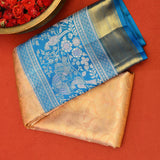 Peach Kanjivaram Silk Saree With Peacock Blue Bird Motif Border