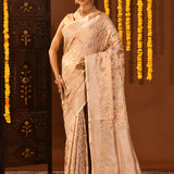 Pastel Peach Floral Meenakari Banarasi Silk Saree