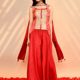 Scarlet Red Tissue Silk Indo-Western Set