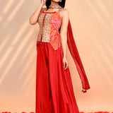 Scarlet Red Tissue Silk Indo-Western Set