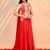Scarlet Red Tissue Silk Indo-Western Set
