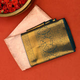 Pure Kanjivaram Silk Saree — Peach With Deep Teal Contrast Border & Heavy Gold Zari Paisley Pallu