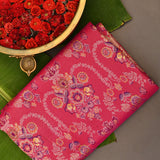 Kanjivaram Silk Saree In Crimson Red With Multicolour Floral Jaal And Gold Zari Swan Border