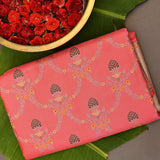 Kanjivaram Silk Saree In Coral Pink With Multicolour Floral Medallion Border And Antique Gold Pallu