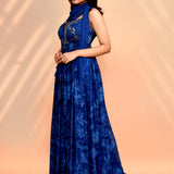 Azure Blue Satin Silk Floral Printed Anarkali Set