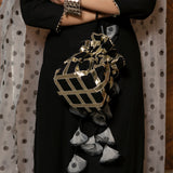 Jet Black Cotton Salwar Set With Polka Dot Organza Dupatta