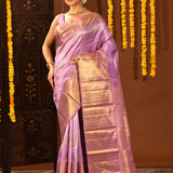 Lavender Geometric Waves And Gold Zari Border Kanjivaram Silk Saree